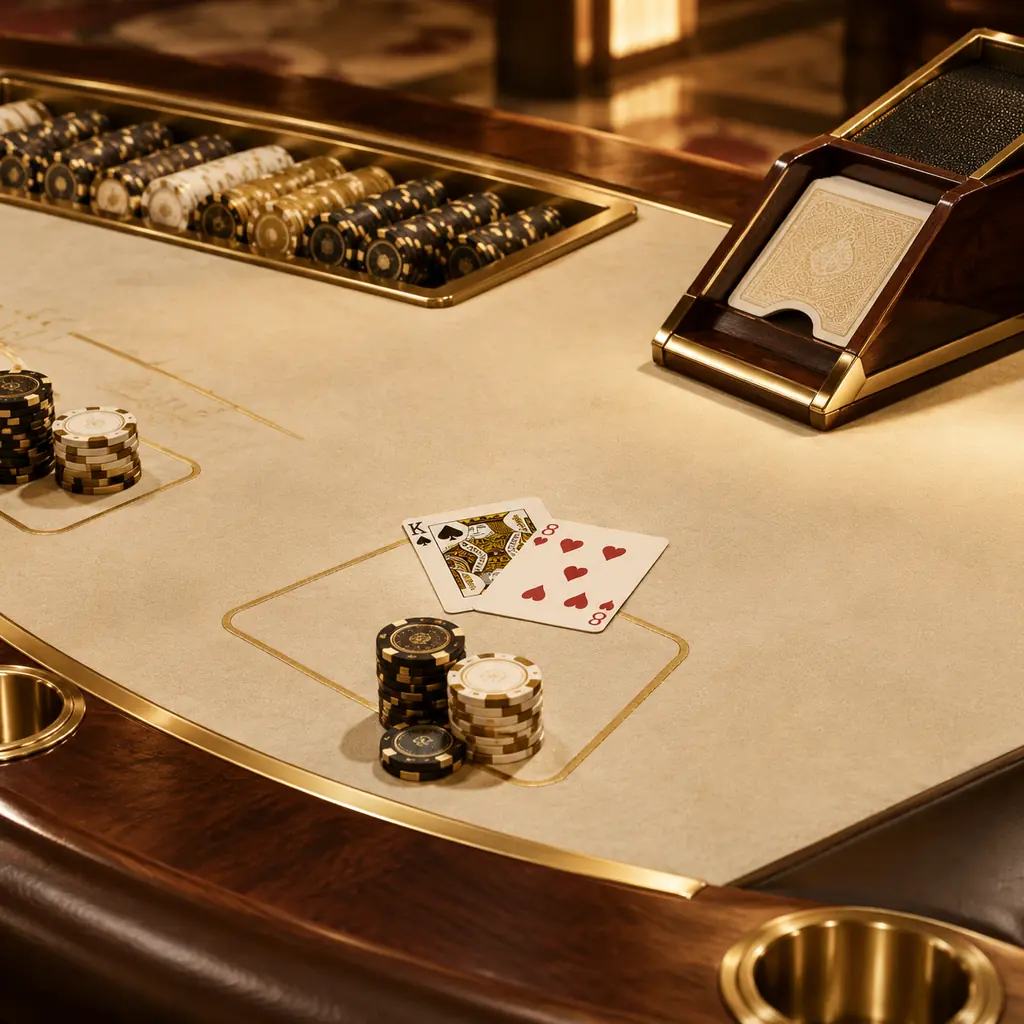 Meja blackjack dengan kartu dan chip