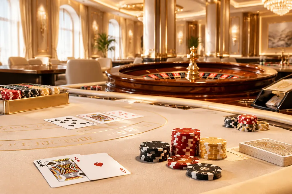 Ruang kasino dengan meja blackjack dan roda roulette bernuansa gading dan emas