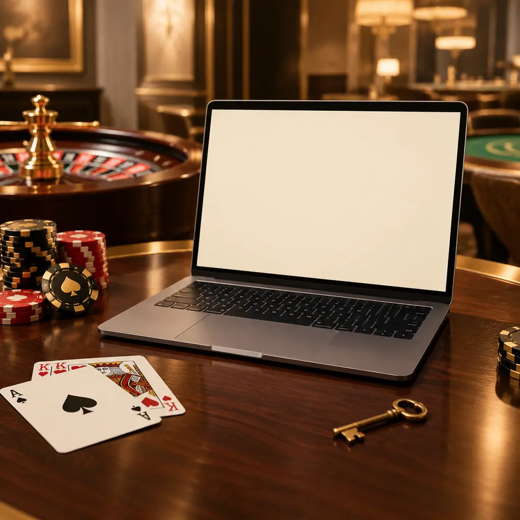 Laptop dan kunci di meja blackjack